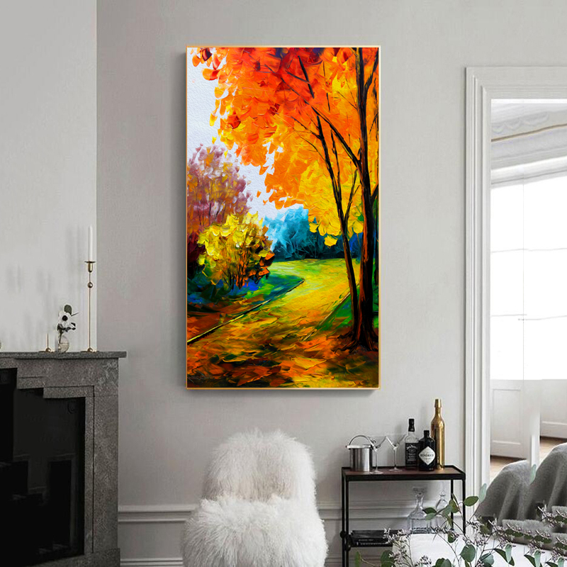 Tree Oil Painting Printed on Canvas Prints Landscape Wall Art for Living Room Home Decor Golden Forest Indoor Decorations