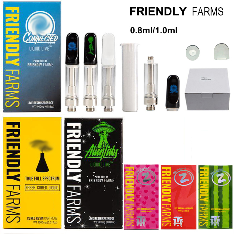 Newest Friendly Farms Atomizers With 10 Strains Packagings FF Live Resin Ceramic Glass Vape Carts 0.8ml 1.0ml Clear Tank 510 Thread Cartridges And Package Boxes
Newest Friendly Farms Atomizers With 10 Strains Packagings FF Live Resin Ceramic Glass Vape Carts 0.8ml 1.0ml Clear Tank 510 Thread Cartridges And Package Boxes
