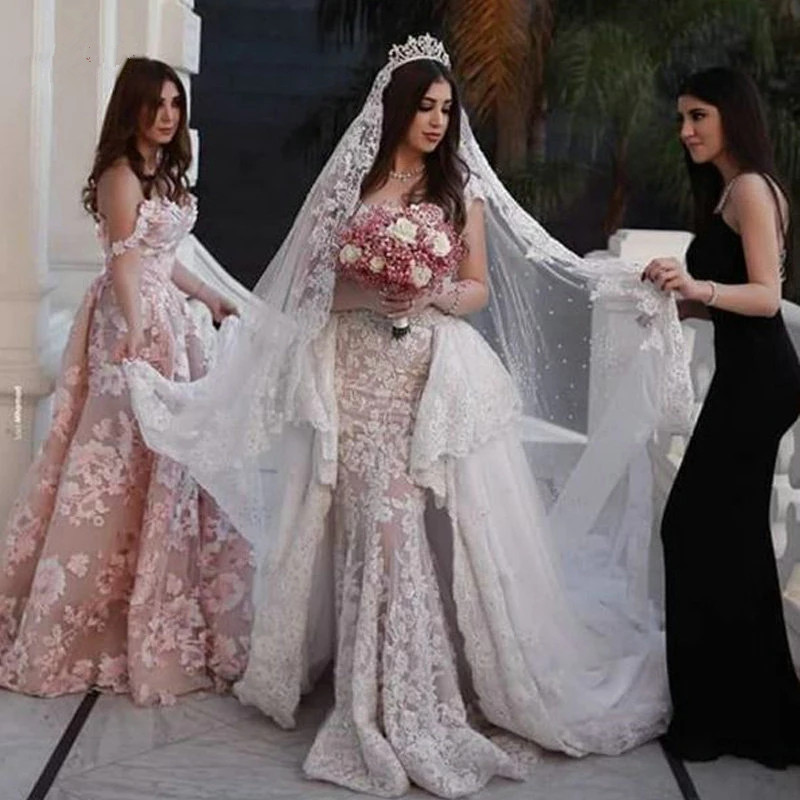 Modest Sweep Train Dubai Arabic Long Mermaid Wedding Dresses Cap Sleeve Appliques Lace Ruffles Bridal Gowns robe de mariée