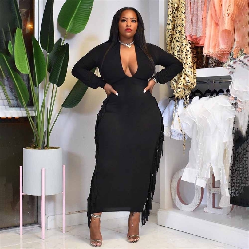 L4XL Fall Clothes For Women Plus Size Dresses Sexy Solid Color Long Sleeve Deep V neck Tassel Slim Dress Wholesale Drop 220713, Black
L4XL Fall Clothes For Women Plus Size Dresses Sexy Solid Color Long Sleeve Deep V neck Tassel Slim Dress Wholesale Drop 220713, Black