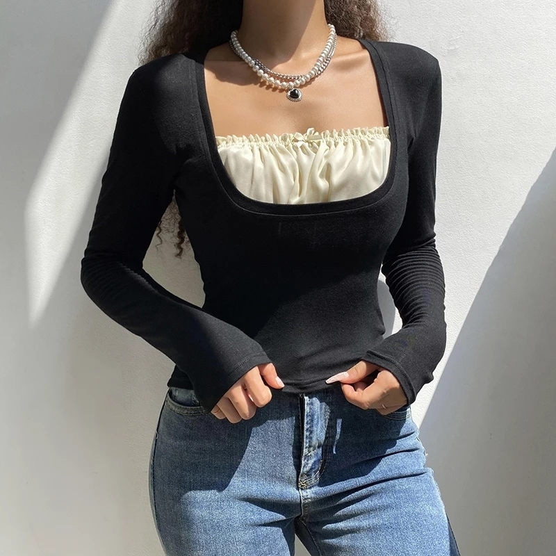 Y2K Vintage Crop Top Women Sweet Cute Lace Frill Bow Square Collar T Shirts Spring Korean Long Sleeve Buttons Slim Tops Tees 220714