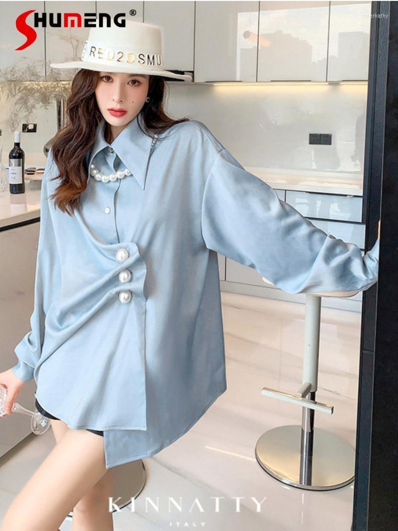 Women's Blouses & Shirts Ladies Satin Irregular Pearl Chain Mid-length Blue Elegant Women's Collar Buttoned Camisas De MujerWomen's Wome
Women's Blouses & Shirts Ladies Satin Irregular Pearl Chain Mid-length Blue Elegant Women's Collar Buttoned Camisas De MujerWomen's Wome