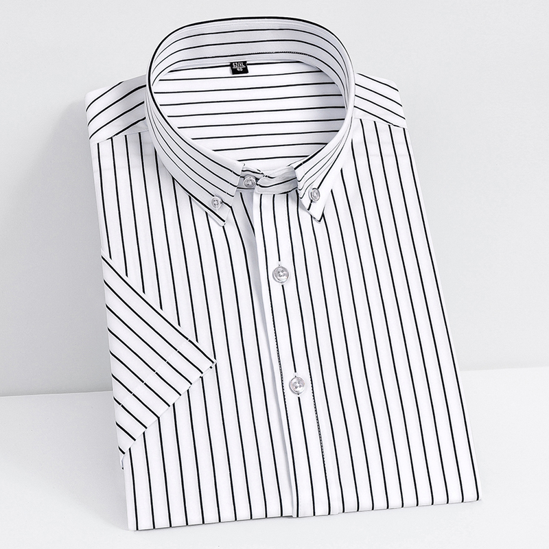 Short Sleeve Strech Striped Shirts for Men Summer Soft Business Mens Dress Shirt Casual Regular Fit Quality no Front Pocket 220322