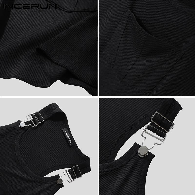 Fashion Men Tank Tops Oneck Solid Color Sleeveless Suspender Vests Men Skinny Pockets Streetwear Sexy Vacation Tops INCERUN 7 220620
