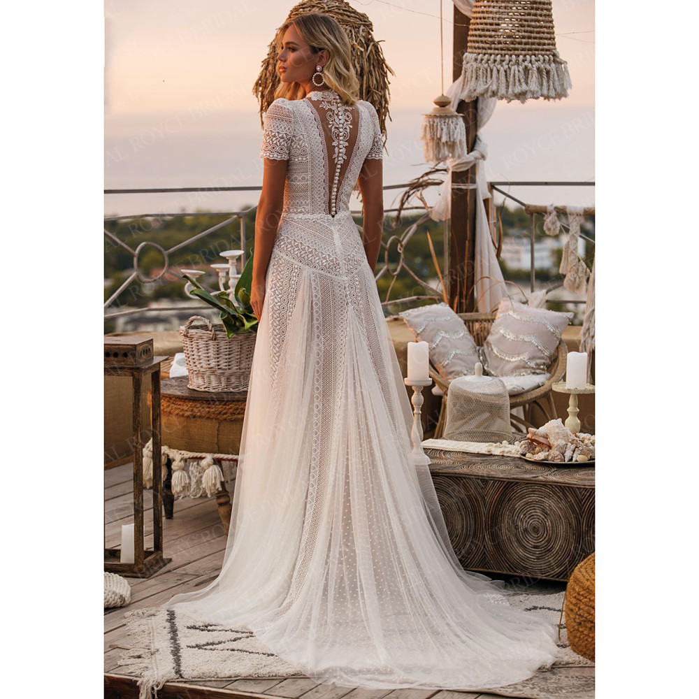 Bohemian Lace Wedding Dresses High Neck vestido de novia con manga corta Vintage Beach Wedding Gown for Bride 2022 Sweep Train