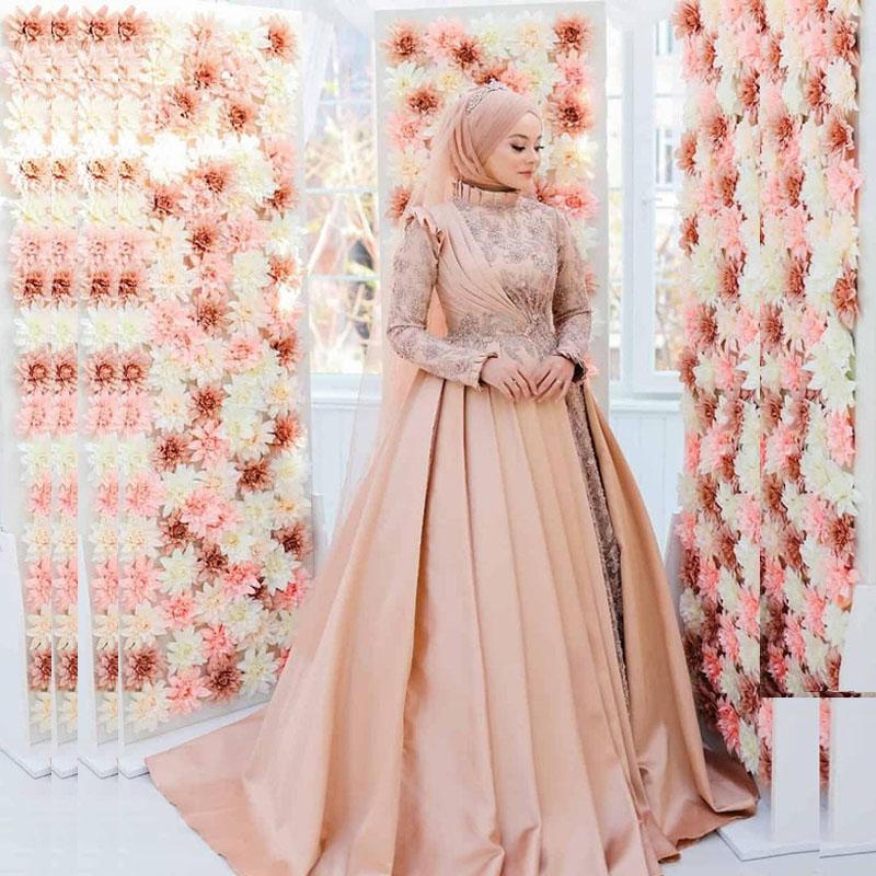 Muslim High Neck Long Sleeves Wedding Dress Appliques Lace Beaded Pink Bridal Gowns Arabic Islamic Women A Line Hijab Wedding Dresses Custom Made