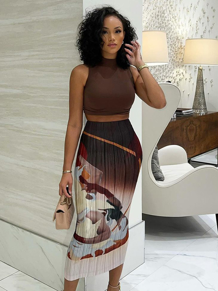 Sisterlinda Vintage Art Print Y2K SlimFit Long Skirt Women Casual Commuting Elegant Wild Mid Skirt Trend Party Activity Bottoms 220701