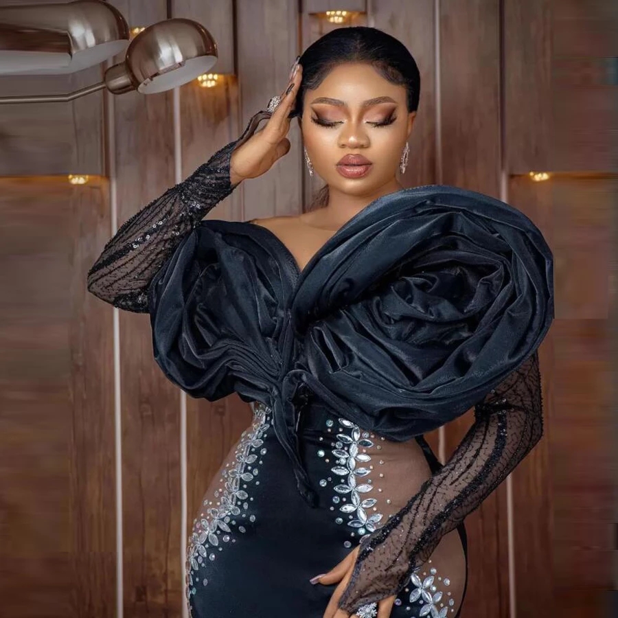 Arabic Aso Ebi Black Mermaid Prom Dresses 2022 Beaded Crystals Sheer Neck Long Sleeves Plus Size Evening Ocn Gowns Robe De Soiree 0431