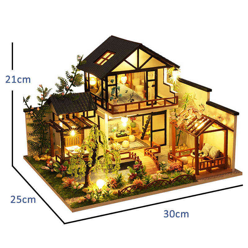 Big Dollhouse Diy Miniature Building Kit Model Japanese Style Wooden House With Light Doll House Furniture Kids Toys Adult Gifts