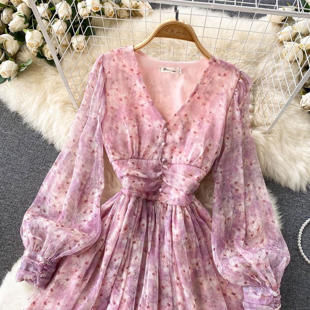 Style French Retro Super Fairy Chiffon Floral Dress With Waist And Thin Temperament V-neck Puff Sleeve Printed Dress 2022