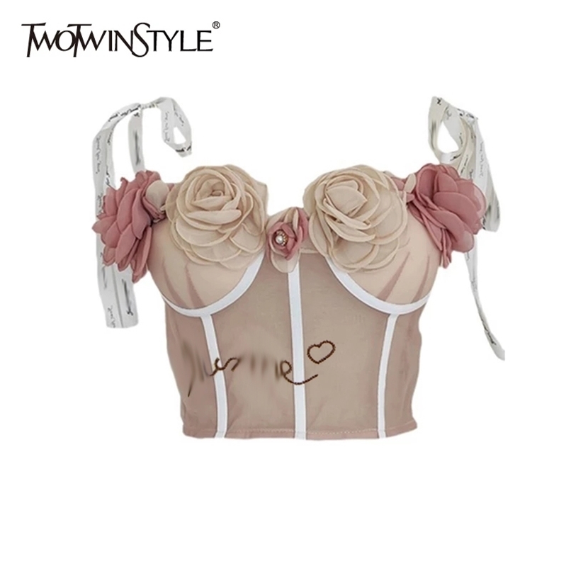 TWOTWINSTYLE Patchwork Flower Vests For Women Square Collar Sleeveless Slimming Hit Color Camis Females Summer Clothing 220316