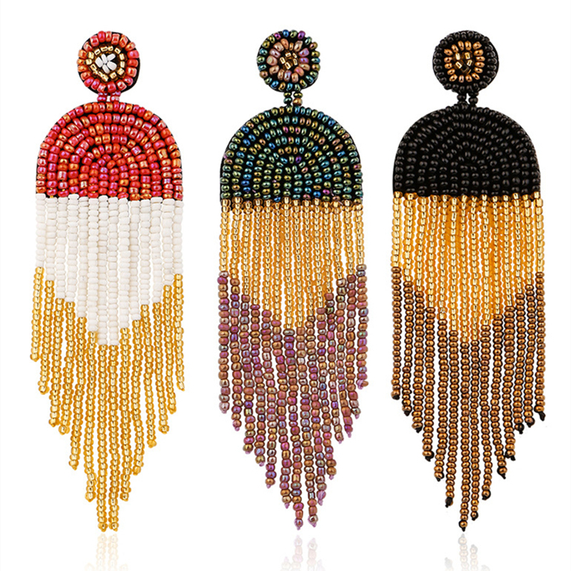 Hypoallergenic Studs Dangles Earrings for Women Handmade Vintage Long Tassel Rice Bead Earring Accessories Party Birthday Gifts Fashion Rainbow Bohemi