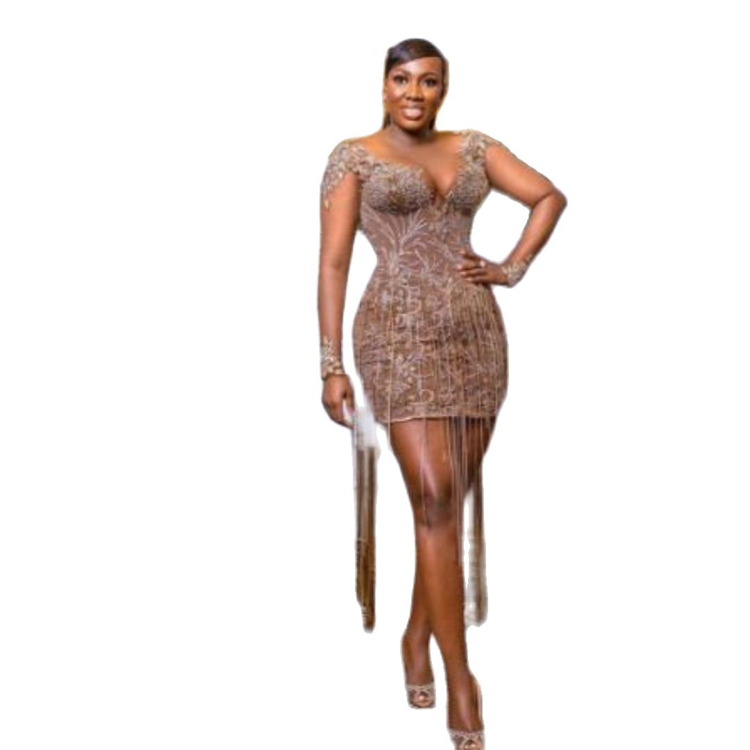 African Luxury Tassels Cocktail Dresses With Crystals Beads Appliques Short Party Dress Illusion Long Sleeves Black Girls Prom Gowns