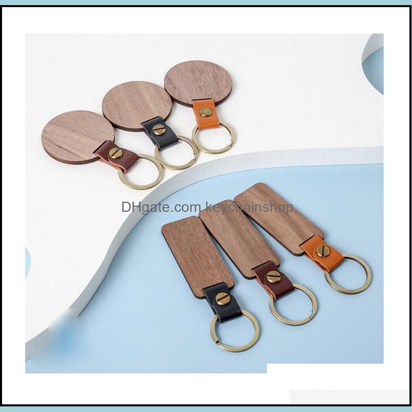 Keychains Fashion Accessories Blank Leather And Wood Keychain Rectange Round Wooden Key Ring For Personalized Engraving Carving Lage Decorat