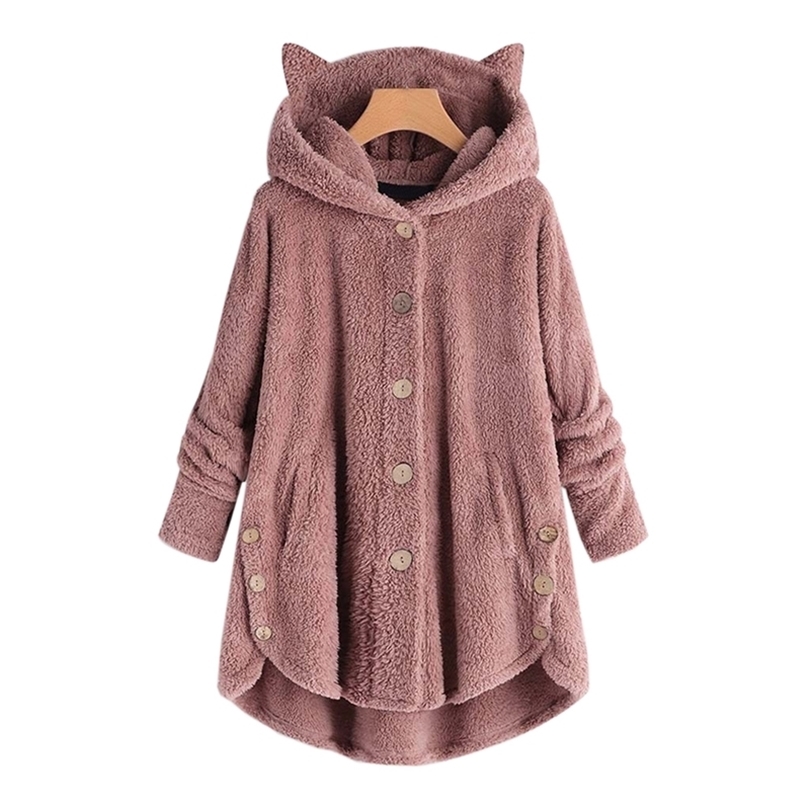 Winter Leopard Coat Fashion Women Button Solid Color Hooded Jacket Teddy Coat Ladies Winter Warm Coat Casual Hoodies 201019