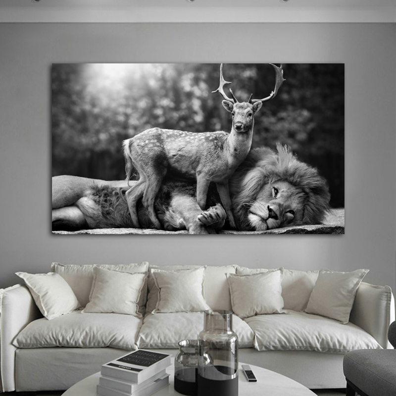 Nordic Poster Black And White Lion Deer Pictures Animal Lying Ground Canvas Painting Wall Art For Living Room Posters And Prints