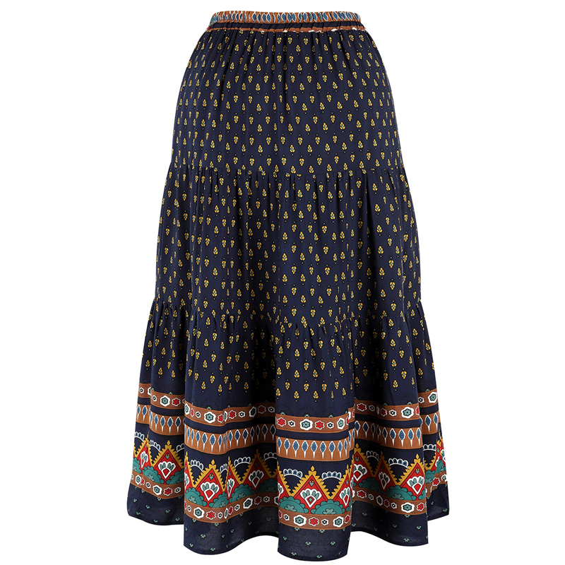 Fashion Bohemian Long Skirt Women's Elegant Holiday Summer Casual High Elastic Waist Floral Print Sea Blue Retro 220317
