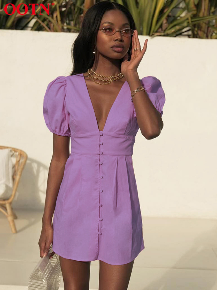 OOTN Sexy Deep V-Neck Short Summer Dresses Single Breasted Puff Sleeve Dress Female Fashion High Waist Vestido Streetwear 220511