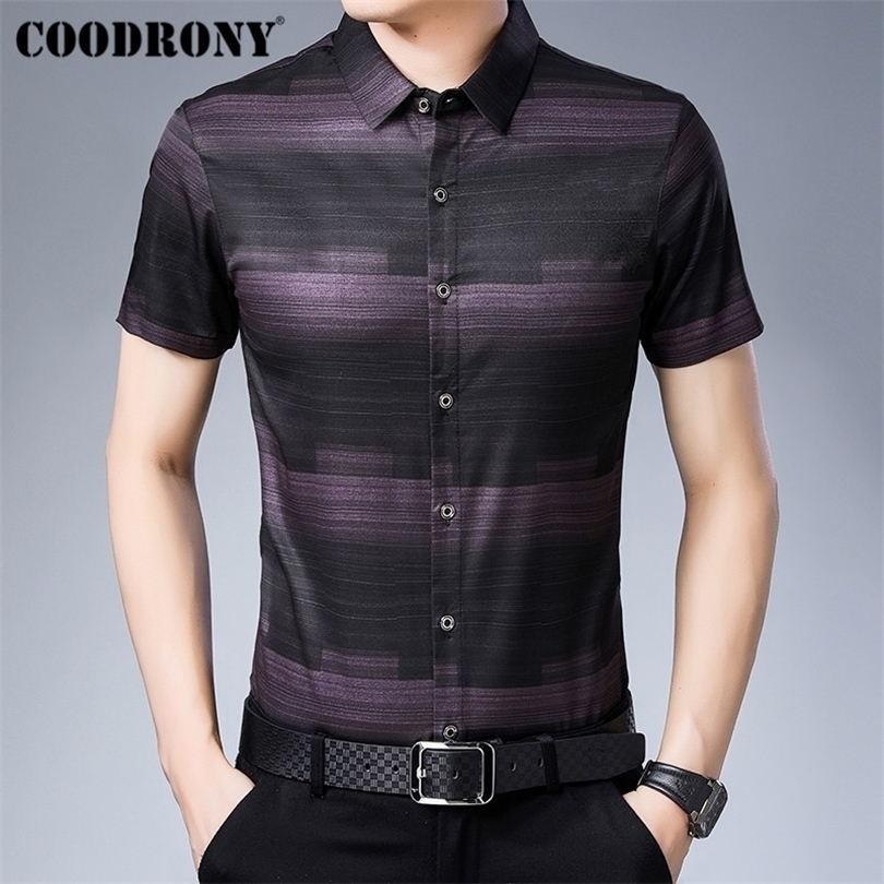 COODRONY Social Business Casual Shirts Camisa Masculina Summer Cool Short Sleeve Men Shirt Fashion Striped Shirt Men S96025