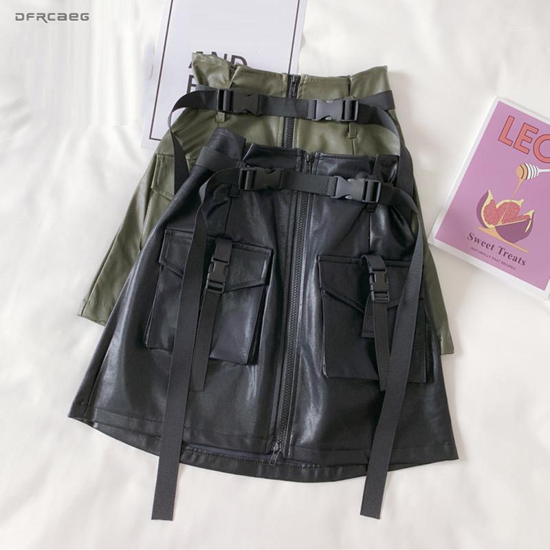 Skirts High Waist Women Zipper Faux Leather Cargo Skirt With Belt Autumn Winter Casual Pocket Ladies A-Line Pu Mini Female, Black 
Skirts High Waist Women Zipper Faux Leather Cargo Skirt With Belt Autumn Winter Casual Pocket Ladies A-Line Pu Mini Female, Black