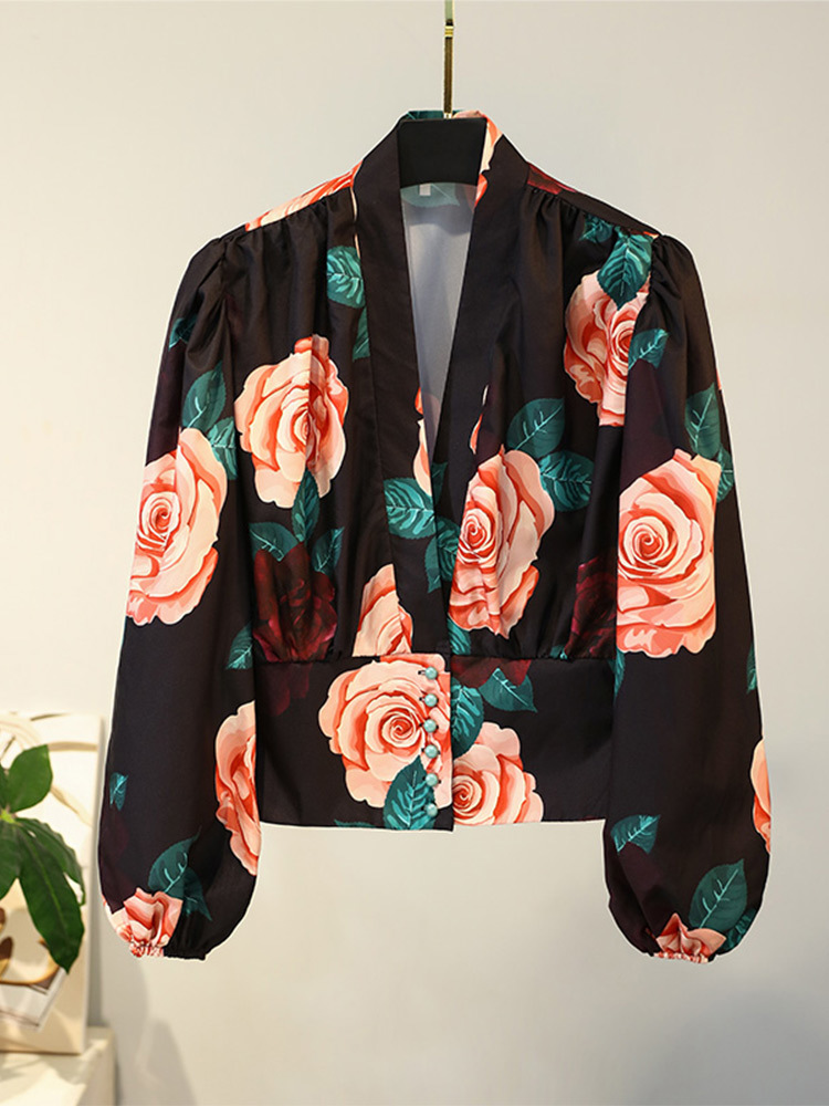 V neck Print Women s Cropped Blouse Pleated Lantern Long Sleeve Button Female Shirt Spring Summer Basic Street Shirts Top 220810