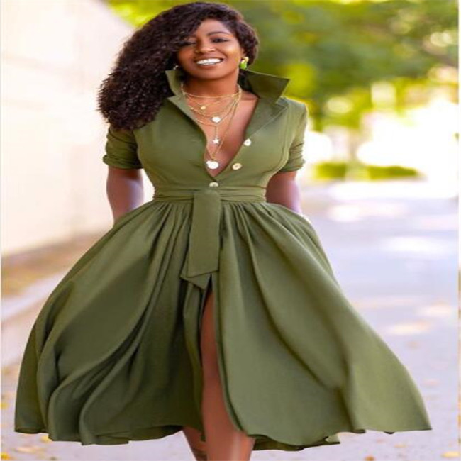 New Style Casual Dresses Fall Autumn Mid-Calf High Waist Shirt Dress Big Plus Size Geometric Printed Elegant Office Ladies Tunic Pleated Midi