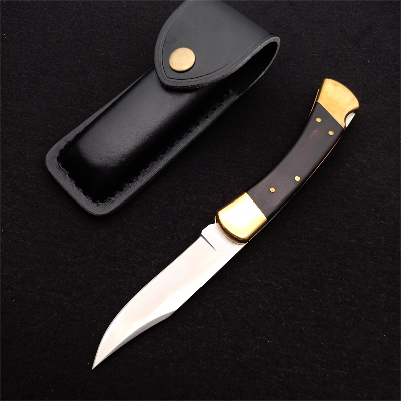 New Classic 110 Push Button Quick Opening Tactical Folding Knife D2 Satin Blade G10 with Brass Head Handle EDC Pocket Knives With Leather Sheath and N