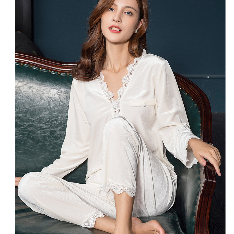 Fashion Velvet 2 Pieces Warm Autumn Winter Pajamas Sets Women Sexy Pajama Sleepwear Suit Nightwear Bedroom Lingerie Set Trousers 220329