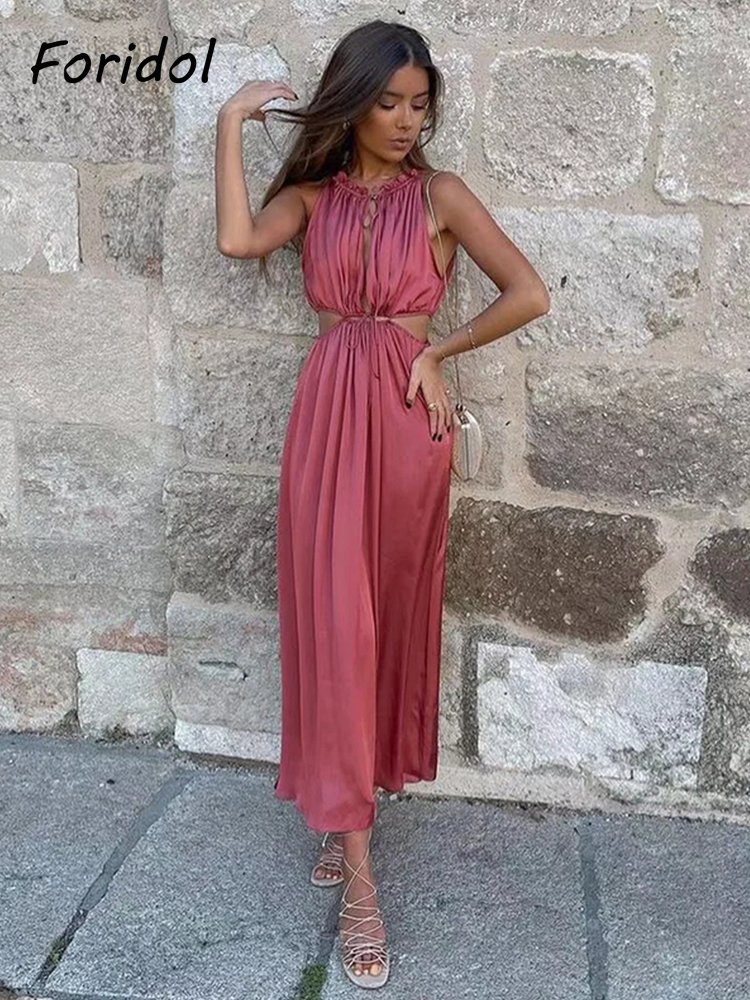 Foridol Lace Up Satin Party Dress Women Maxi Long Hollow Out Sleeveless Party Midi Dress Paisley Print Autumn Christmas Dress 220511