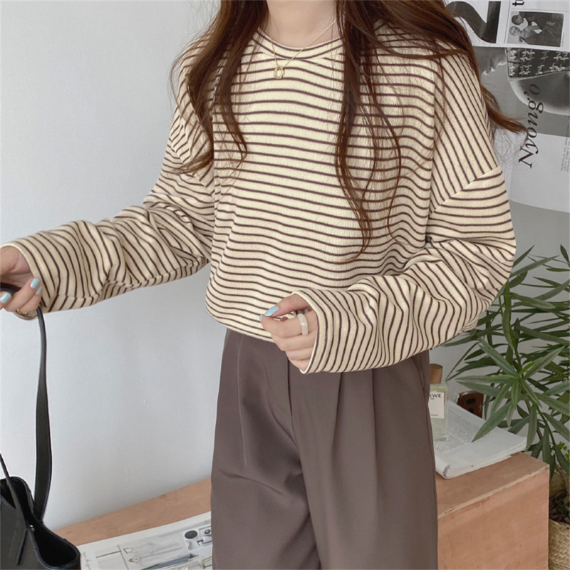 Alien Kitty Coffee Stripes Cotton T-Shirts Women Loose-Fitting Autumn Sale Lady Casual Full Sleeve Chic All Match Tops 220321