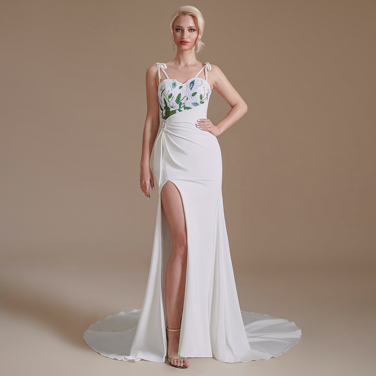 New Spaghetti Straps Mermaid Beach Wedding Dresses Embroidery Beaded High Split Summer Boho Sweep Train Bridal Gowns vestidos de novia Wedding Dress C