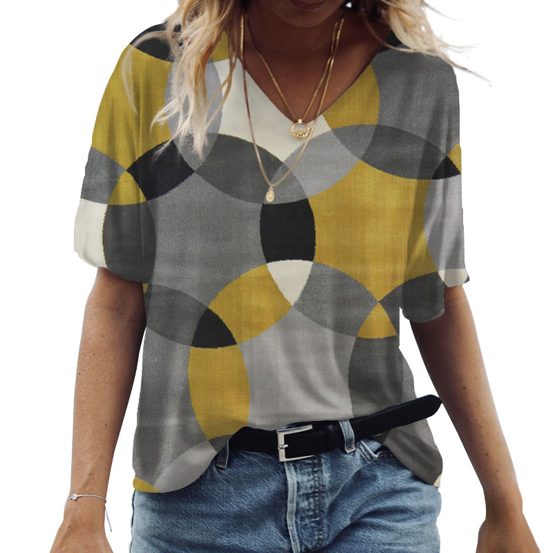 Women s Summer Cotton T shirt Abstract Graphics 3D Printing Casual Fashion Short Sleeved V neck Loose Streetwear Retro Top 220714