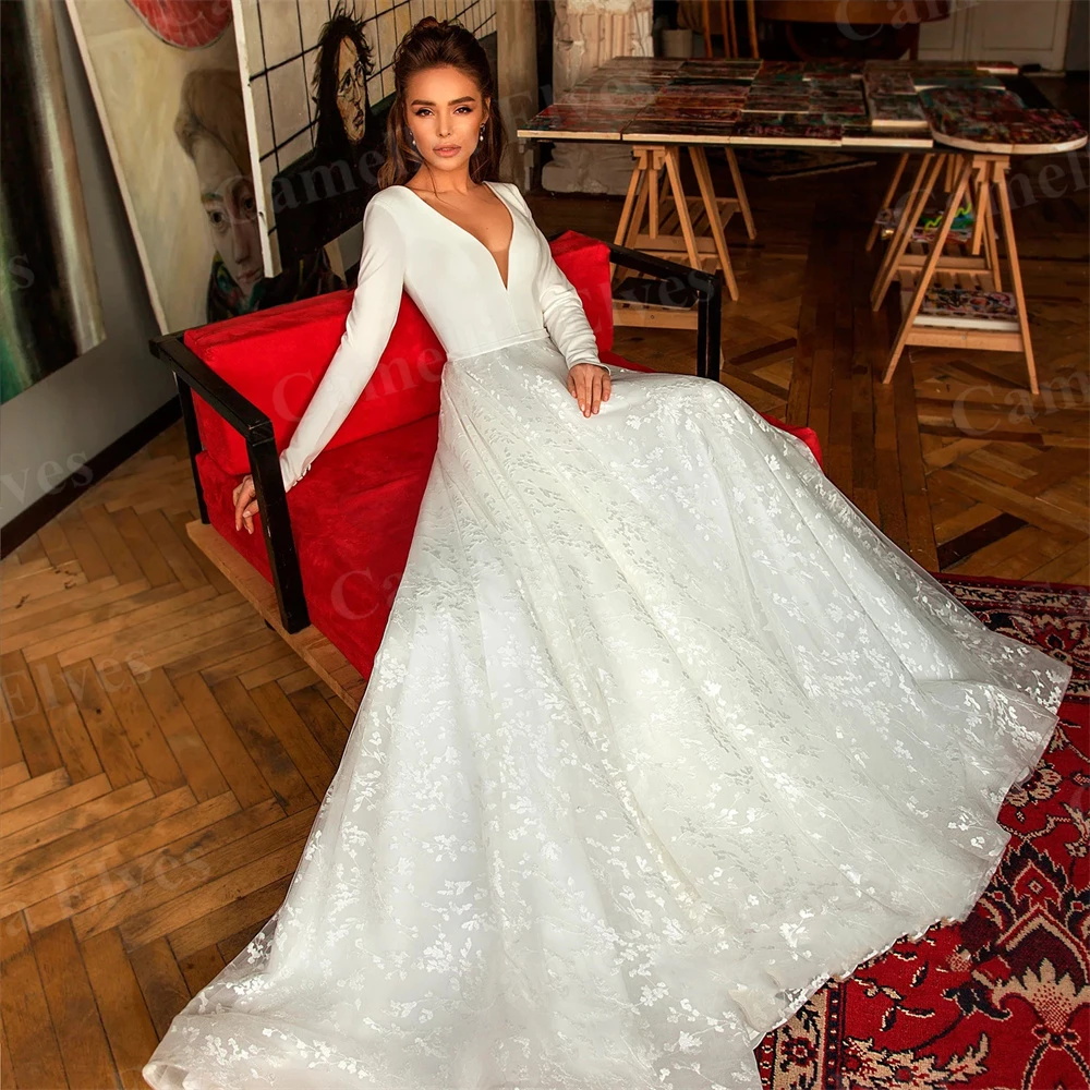 Princess A-e Wedding Dresses Bridal Gowns for Girls Lace Tulle Long Sleeve Satin Strapless Backless Appliques Sequins Court Train robe custom made