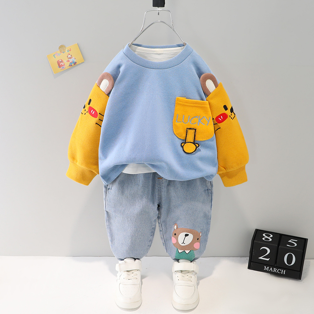 Spring Autumn Children Girls 2PCS Clothing Set Embroidery Cartoon Cotton Sweatshirts Jeans Pants Baby Girls Clothes Suit