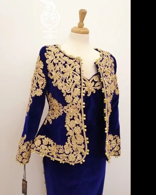 Royal Blue Velvet Prom Formal Dresses with Long Sleeve Jacket 2022 Gold Lace algeriankarakou Outfit Evening Occasion Gown