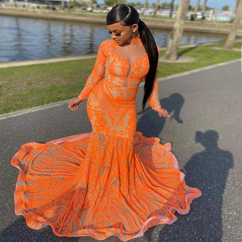 Plus Size Orange Sequin Prom Dress For Black Girl 2022 High Neck Long Sleeve Mermaid Evening Dresses African Nigerian Party Gown Elegant Women Formal 