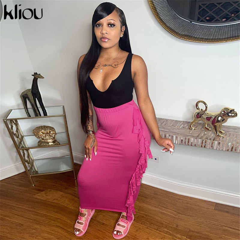 Kliou Side Tassel Women Skirt Elegant Unique Robe Straight Skinny Hight Waist Stretchy Streetwear Style Female Clothes 220317