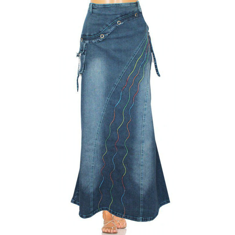 Vintage Women Jeans Long Skirt Gothic Fashion Casual Denim Back Slit Elastic Pull on Slim Pleated 220322
