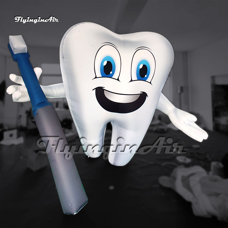 Personalized White Inflatable Tooth Model 2m/3m Advertising Cartoon Figure Balloon Air Blow Up Tooth Man Holding A Toothbrush For Dental Clinic