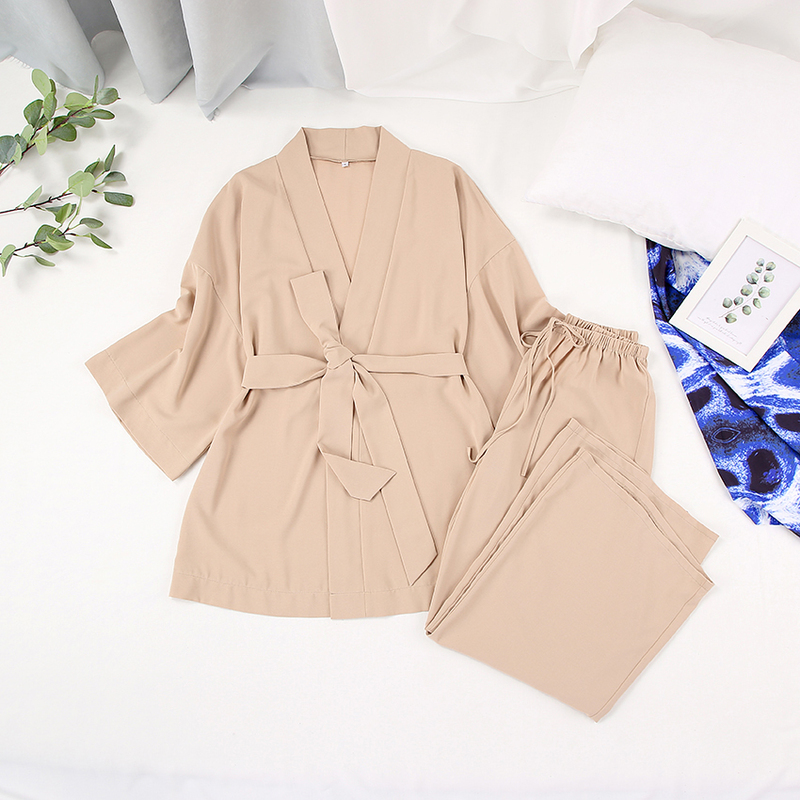 Hiloc Drop Sleeve Robes Women Pajama Flare Sets Robe Low Cut Pijama Bathrobe Female Set Woman 2 Pieces Casual Pajamas With Pants 220423
