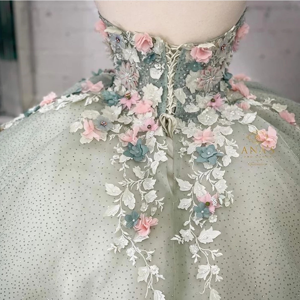 Light Green Handmade Flowers Quinceanera Dresses Ball Gown Sweetheart Sleeveless Appliques Corset For Sweet 15 Girls Party