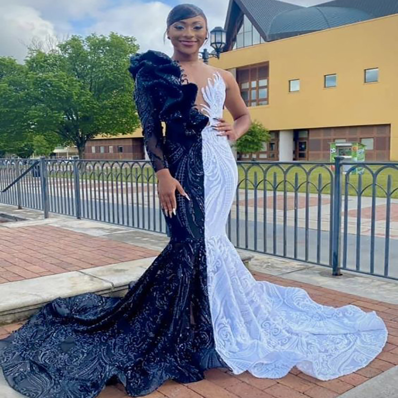 Black And White Sequin Long Sleeve Prom Dresses 2022 One Shoulder Mermaid African Evening Gown Glitter Plus Size Party Dress Robes De Soirée 2022 Vest
