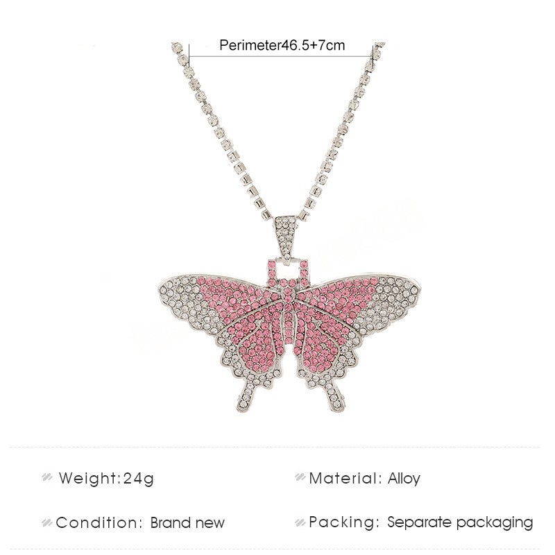 Sparking Fully Iced Out Crystal Pave Butterfly Pendant Fashion Rhinestone Bling Animal Necklace For Women Party Gift