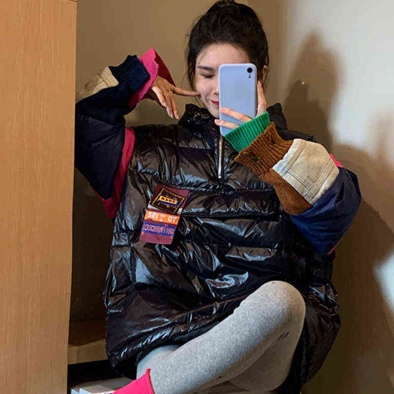 Qingwen Women Winter Thick Fashion Patchwork Hooded Sweater Casual Down Jacket Female 2022 Loose Warm Overcoat Down Jacket Parka L220725