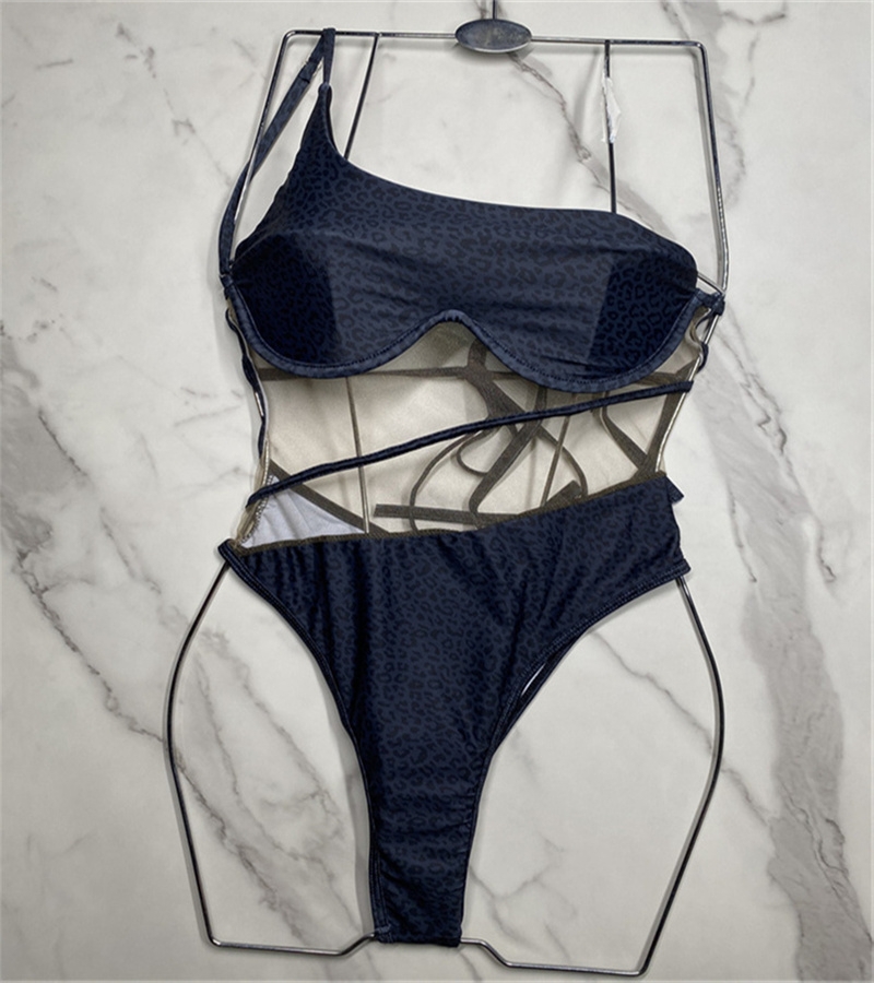 One Shoulder Leopard Swimsuits Padded Push Up Women's Swimwear Outdoor Beach Swimming Bandage One-piece Swimsuits