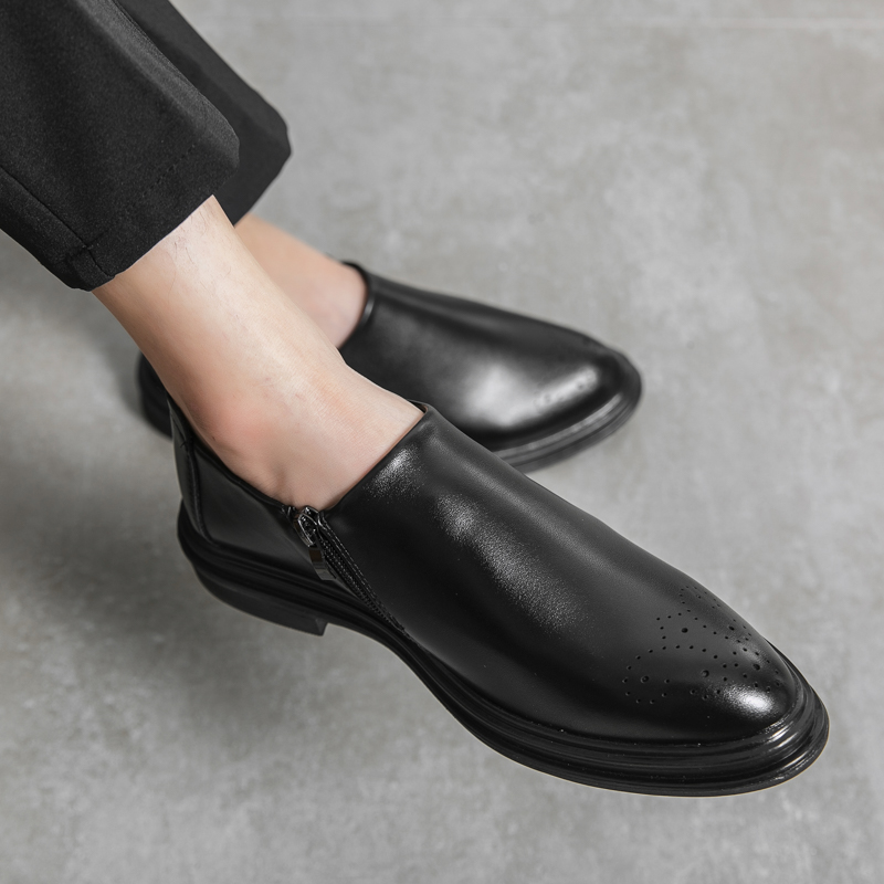 Pointed Toe Carved Leather Shoes Men PU Solid Color Fashion Classic Daily Banquet Side Zipper Simple Casual All-match Trend HM551