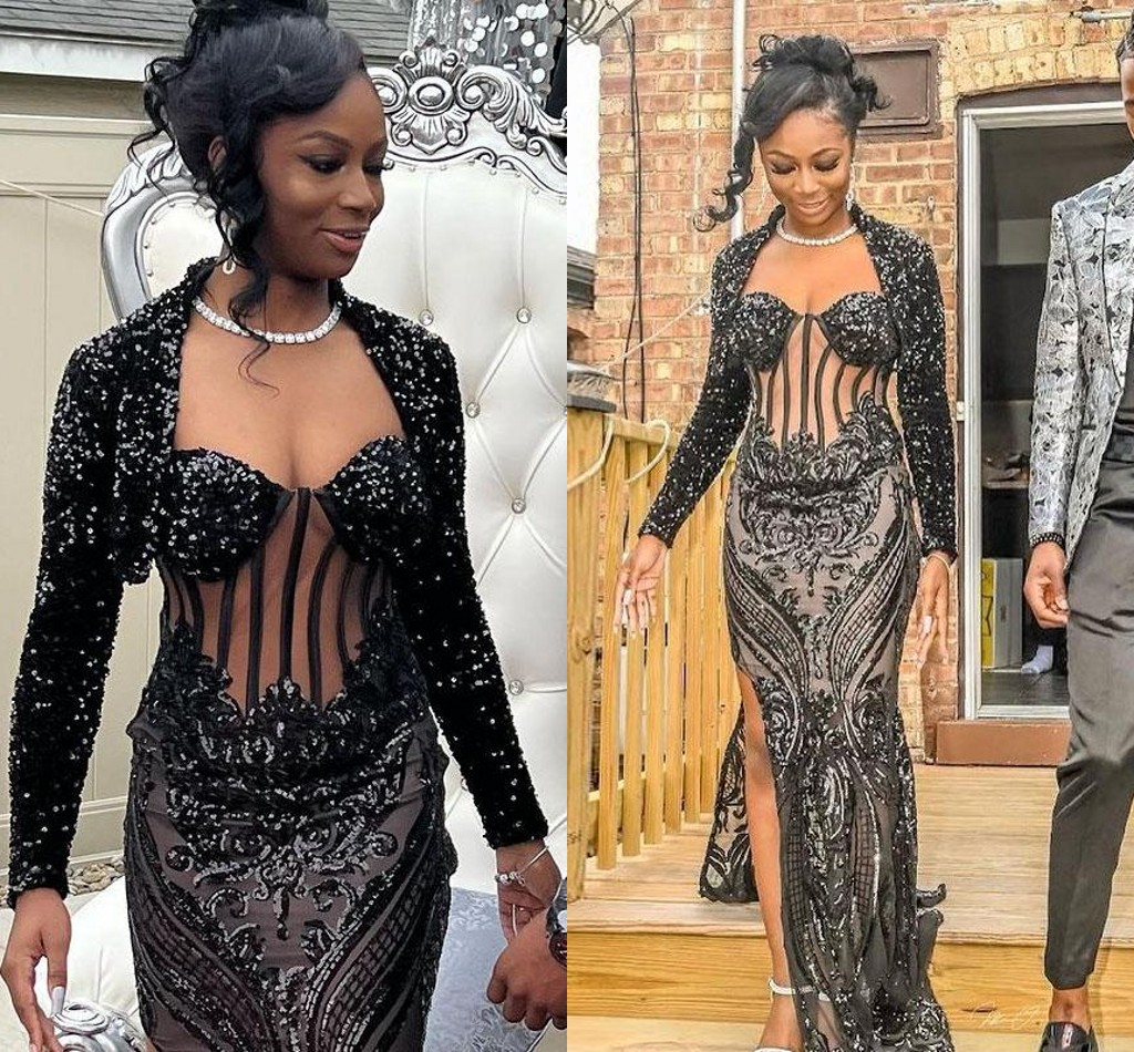 Sparkly Black Mermaid Prom Dresses with Long Sleeve Jacket 2022 Seqauins Beaded Applique Slit African Black Girl Evening Gown