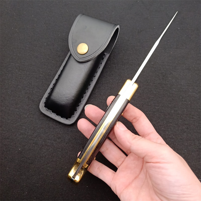 New Classic 110 Push Button Quick Opening Tactical Folding Knife D2 Satin Blade G10 with Brass Head Handle EDC Pocket Knives With Leather Sheath and N