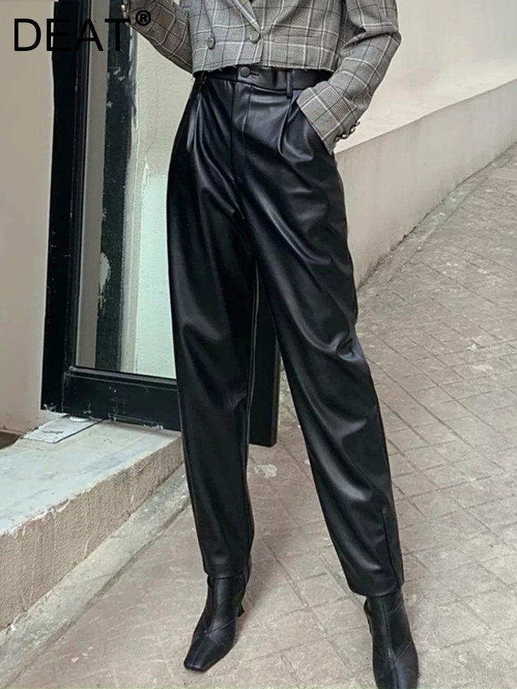 DEAT High Waist PU Leather Autumn And Spring Fashion Women Clohtes Full Length Pants Female Trousers WN90801L