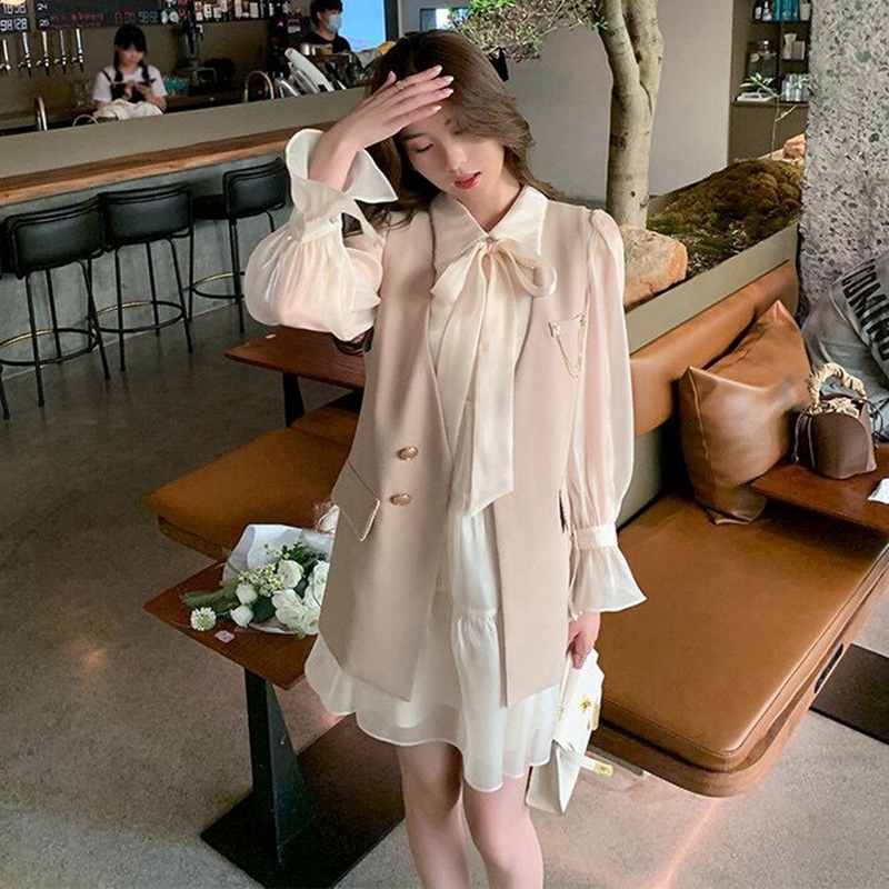 Vintage Maxi Dresses for Women Party Belt Bow Peter Pan Collar Office Lady French Flare Sleeve Woman Dress Vest Suit Autumn 220427